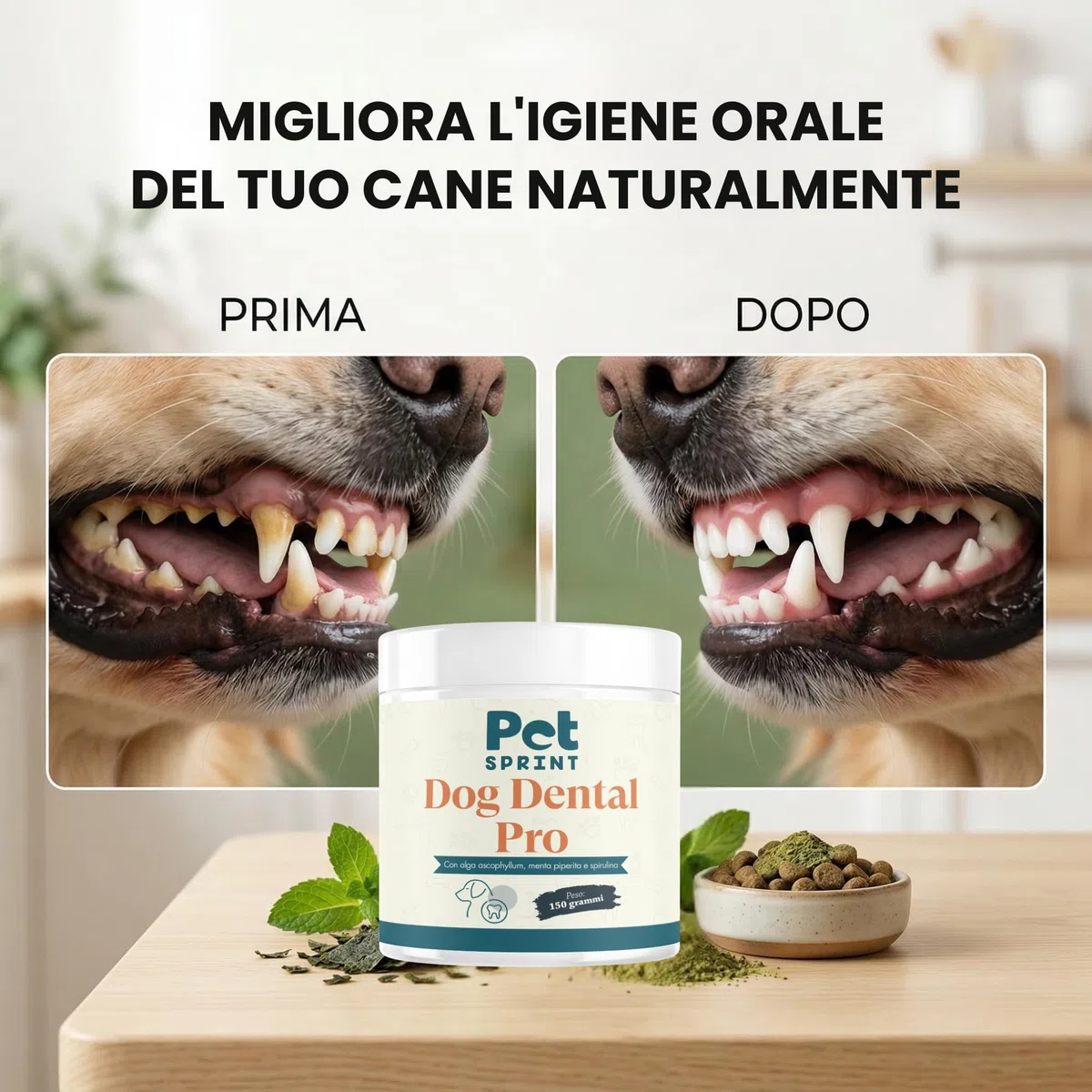 Dog Dental PRO Polvere Pulizia Denti Cane con Ascophyllum Nodosum, Spirulina e Menta Piperita, Supporta Igiene Orale Senza Spazzolino, Alito Fresco, Integratore Naturale per Cani, Marca Italiana