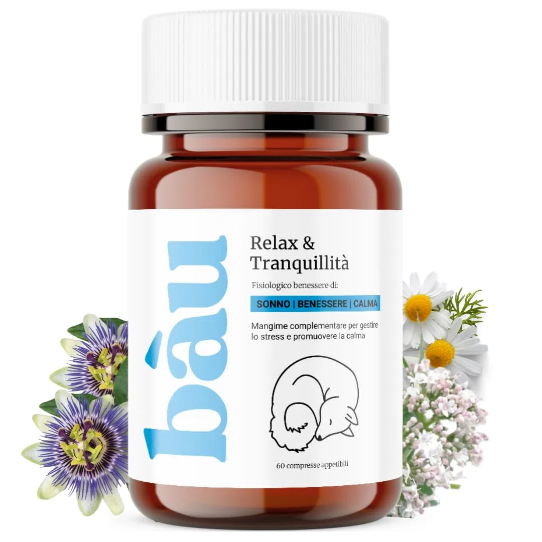 Bau Integratore Calmante per Cani, Valeriana per Cani Tranquillante, Rilassante per Cani Appetibili con Ingredienti Naturali, Ideale per Temporali, Viaggi e Ansia da Separazione -60cp