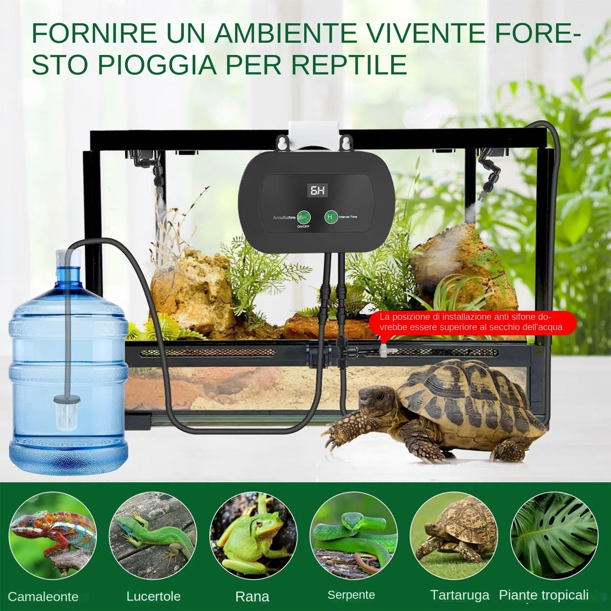 Umidificatore per rettili - Umidificatore automatico per terrario | Fogger portatile per rettili con ugello regolabile a 360 gradi, timer e funzione di spruzzo manuale per piante camaleonte serpente r