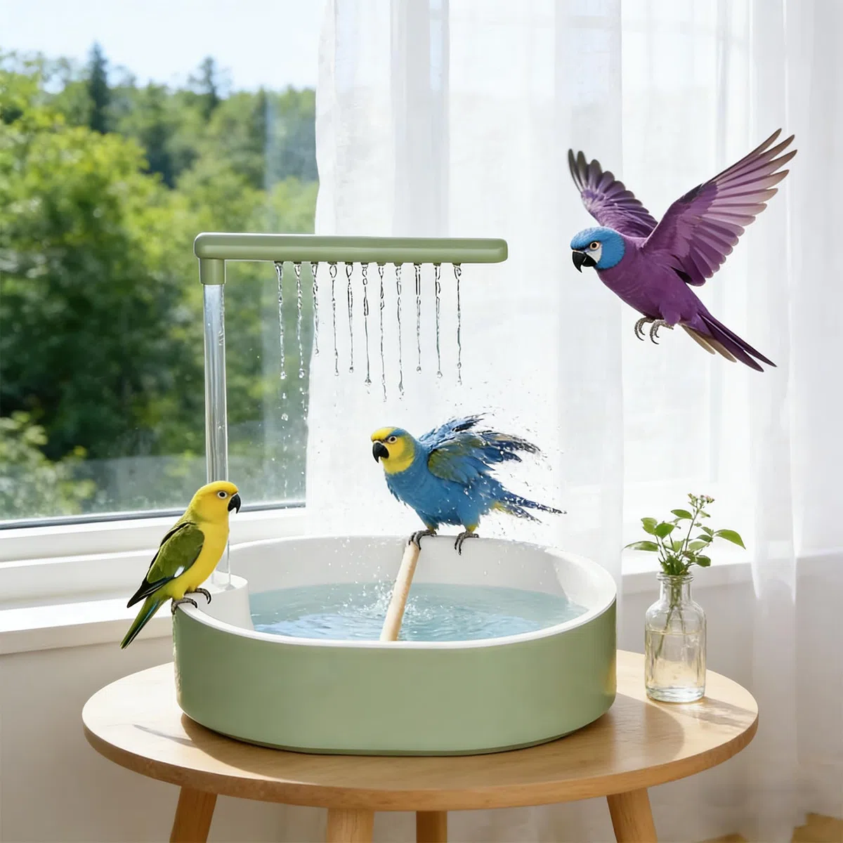 Bagno per uccelli, doccia per uccelli, pappagallini, doccia, uscita cascata, design antiscivolo, fontana per laghetto, accessori per gabbia, divertimento per pappagallo inseparabile