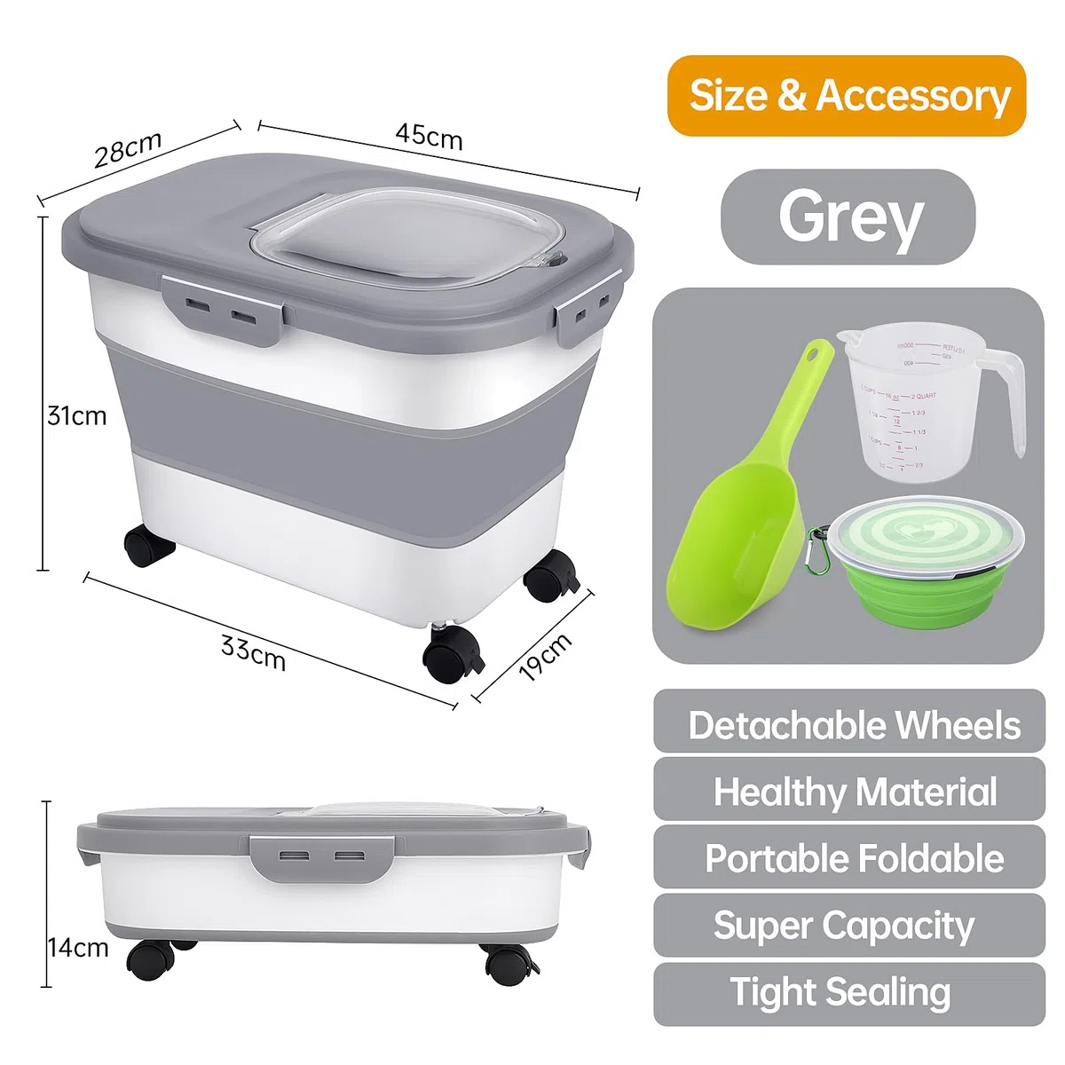 Porta Crocchette per Cani Gatto Contenitore Pieghevole Ermetico 7-10kg con Ciotola Cane Ruota Misurino e Pala
