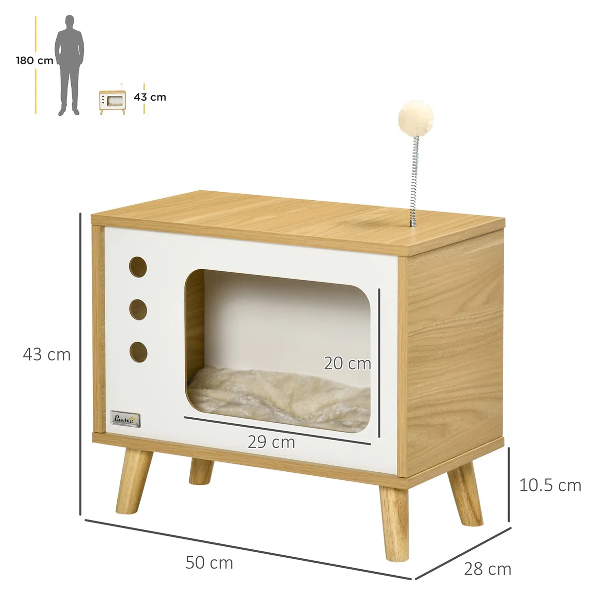 PawHut Casetta per Gatti a forma di Televisore con Cuscino e Pallina Giocattolo, Mobile da Soggiorno in Truciolato, 50x28x43 cm