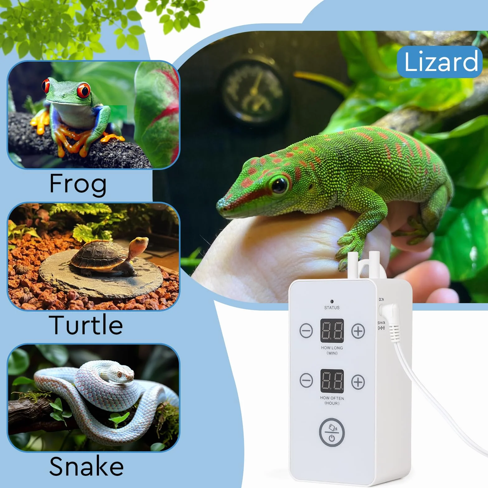 CPROSP Sistema di Nebulizzatore per Terrario Rettili, Umidificatore per Rettili Automatico con Timer e Rotazione Regolabile a 360°, Umidificatore per Terrario o Fiori di Piante