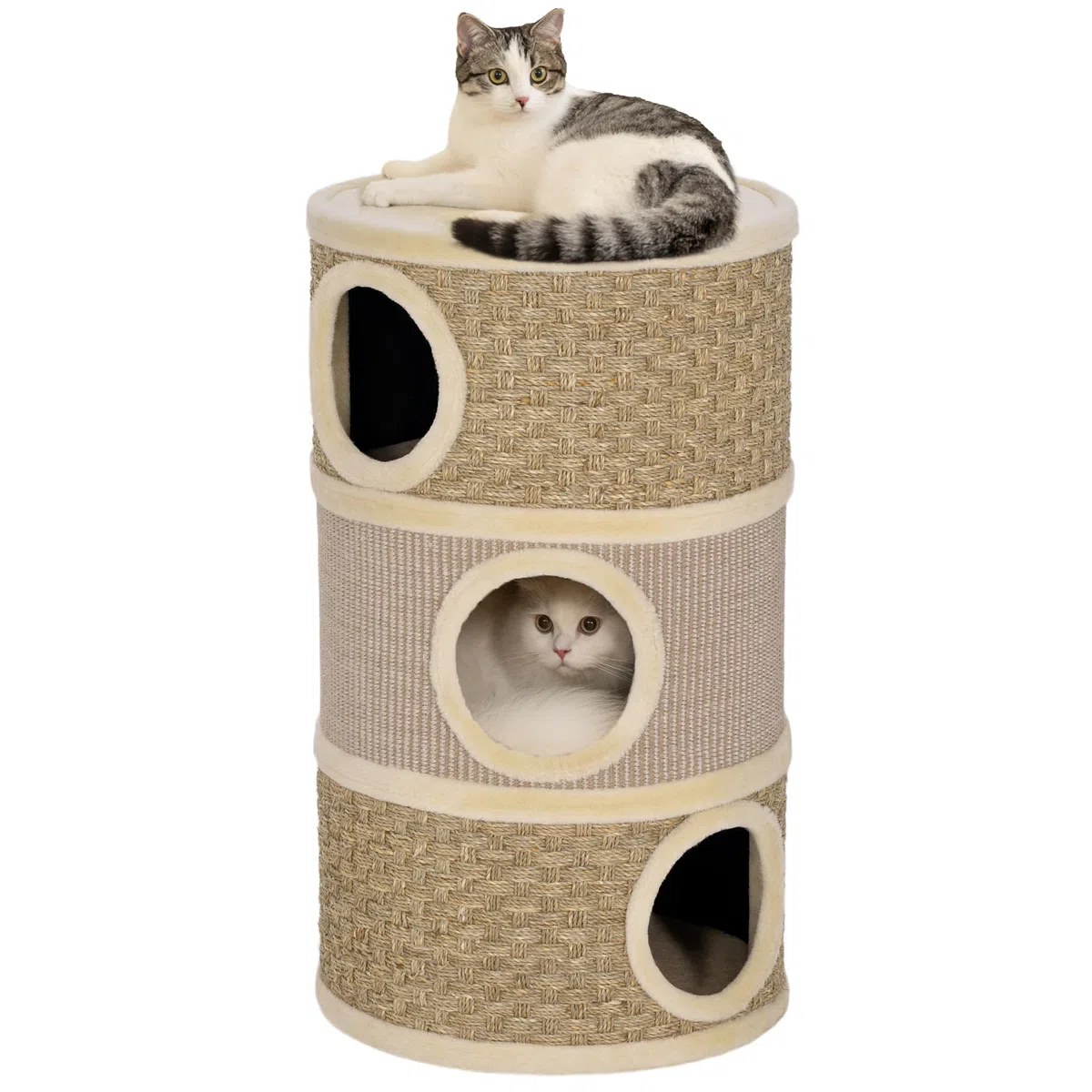 PawHut Tiragraffi per gatti, altezza 79 cm, diametro 45 cm, con corda in sisal a a 3 ripiani, per gatti grandi, cachi e caffè