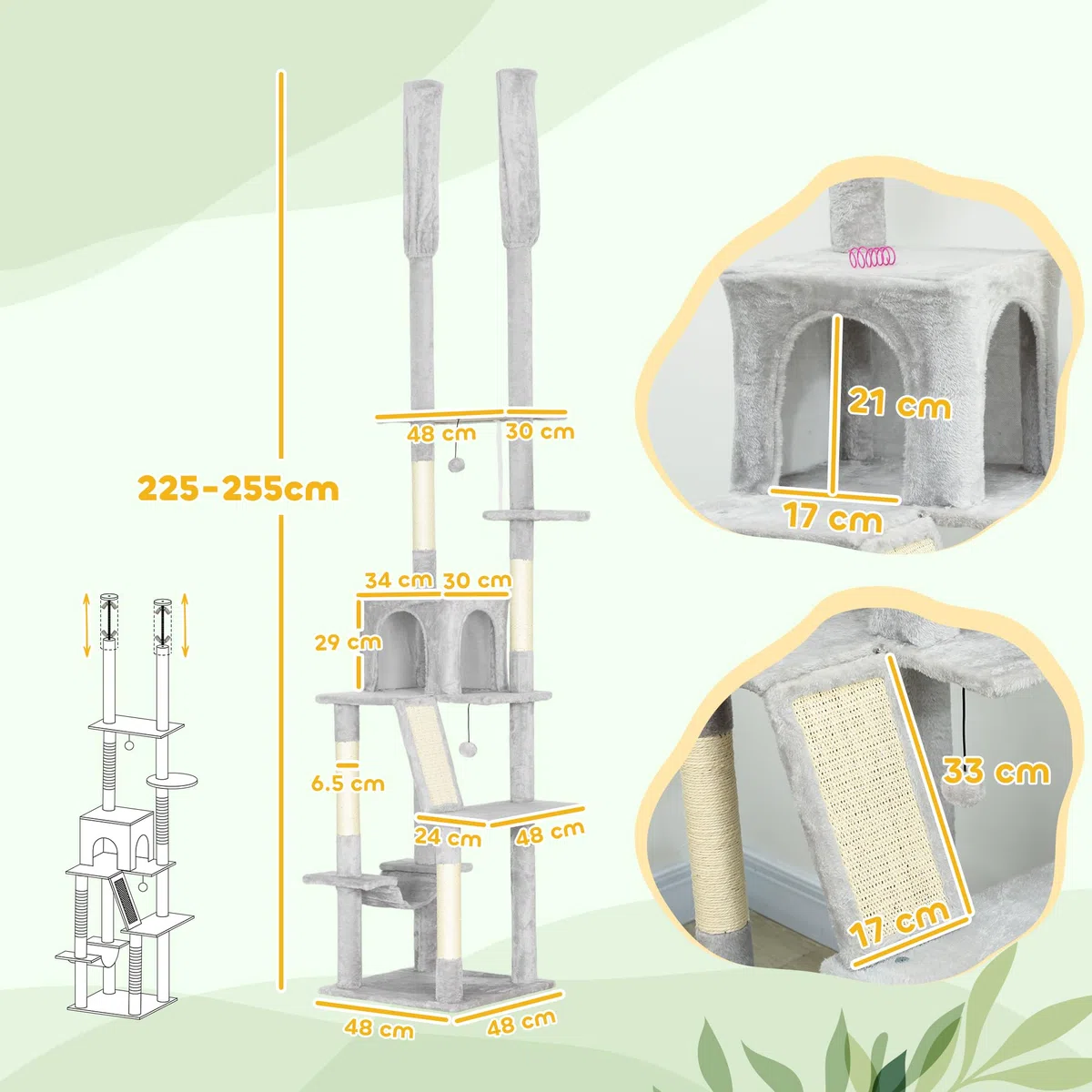 PawHut Albero Tiragraffi per Gatti Adulti a Soffitto con Altezza Regolabile 225-255 cm, Torre per Gatti Multilivello con Piattaforme, Casetta, Amaca, Palline e Pali in Sisal per Interno, Grigio Chiaro