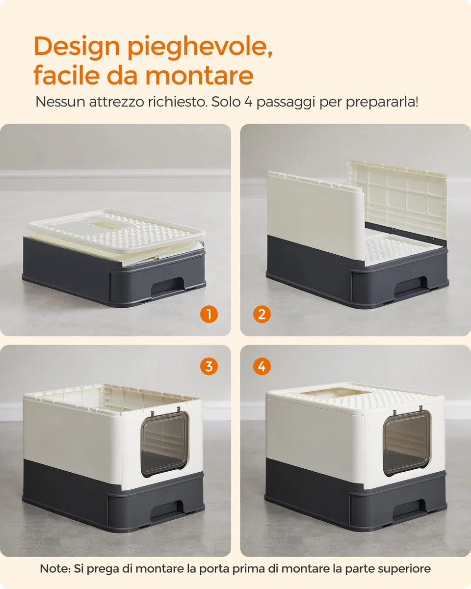 FEANDREA Casetta per Lettiera per per Gatti Grandi Nascosta, Vassoio Estraibile, Paletta, Spazzola, Ampio, Portata 15 kg, Antipertita, Beige e Nero PPT001W01