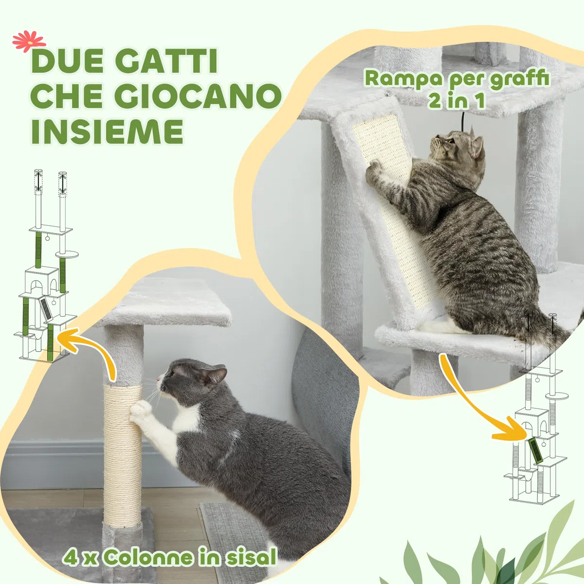 PawHut Albero Tiragraffi per Gatti Adulti a Soffitto con Altezza Regolabile 225-255 cm, Torre per Gatti Multilivello con Piattaforme, Casetta, Amaca, Palline e Pali in Sisal per Interno, Grigio Chiaro