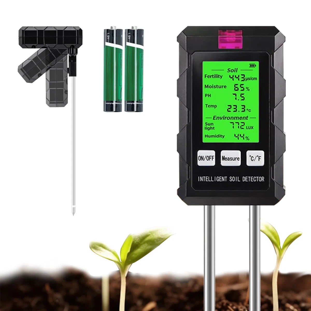 Misuratore PH Terreno 6 in 1, Misuratore Umidità Terreno, Fertilità del Suolo, Temperatura, PH,Luce Solare e Umidità Ambientale, per Giardinaggio,Prato,Agricoltura,Piante