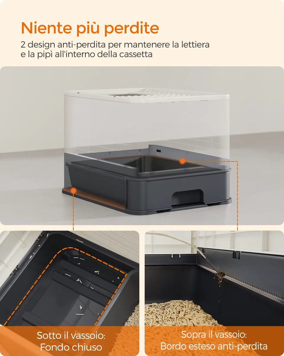 FEANDREA Casetta per Lettiera per per Gatti Grandi Nascosta, Vassoio Estraibile, Paletta, Spazzola, Ampio, Portata 15 kg, Antipertita, Beige e Nero PPT001W01