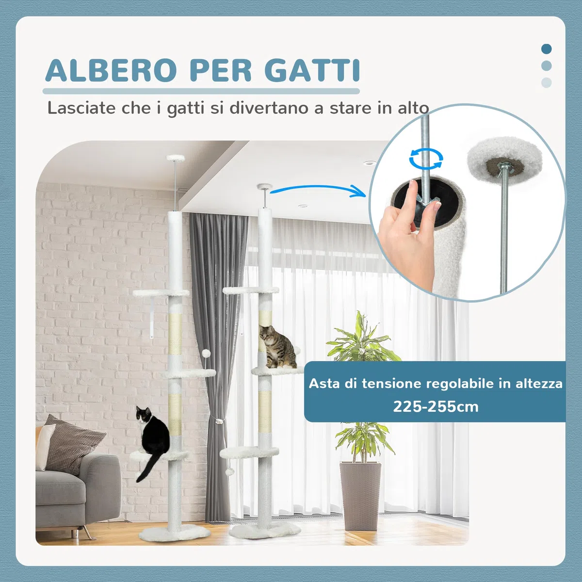 PawHut Albero Tiragraffi a Soffitto con Altezza Regolabile, Torre per Gatti Multilivello con Pali Tiragraffi in Corda di Sisal, 48x32x225-255 cm, Bianco