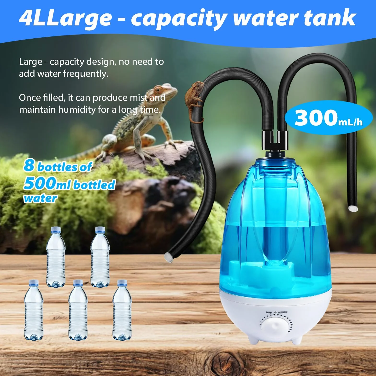 Reptilie Luftbefeuchter Terrarium, 4L Reptilien Luftbefeuchter 300mL/h Mit 7 Farben der Nachtlichtfunktion, Terrarium-Nebelgerät Mit verstellbarem Schlauch, Vaporizer Nebelmaschine mit Doppeldüse