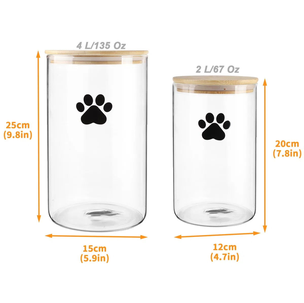 Geyecete Set di 2 Contenitore Crocchette Cani,4L + 2L Contenitore Vetro per Cibo Snack Per Cane Gatti,con Coperchio,Trasparente Contenitore per Biscotti Cane