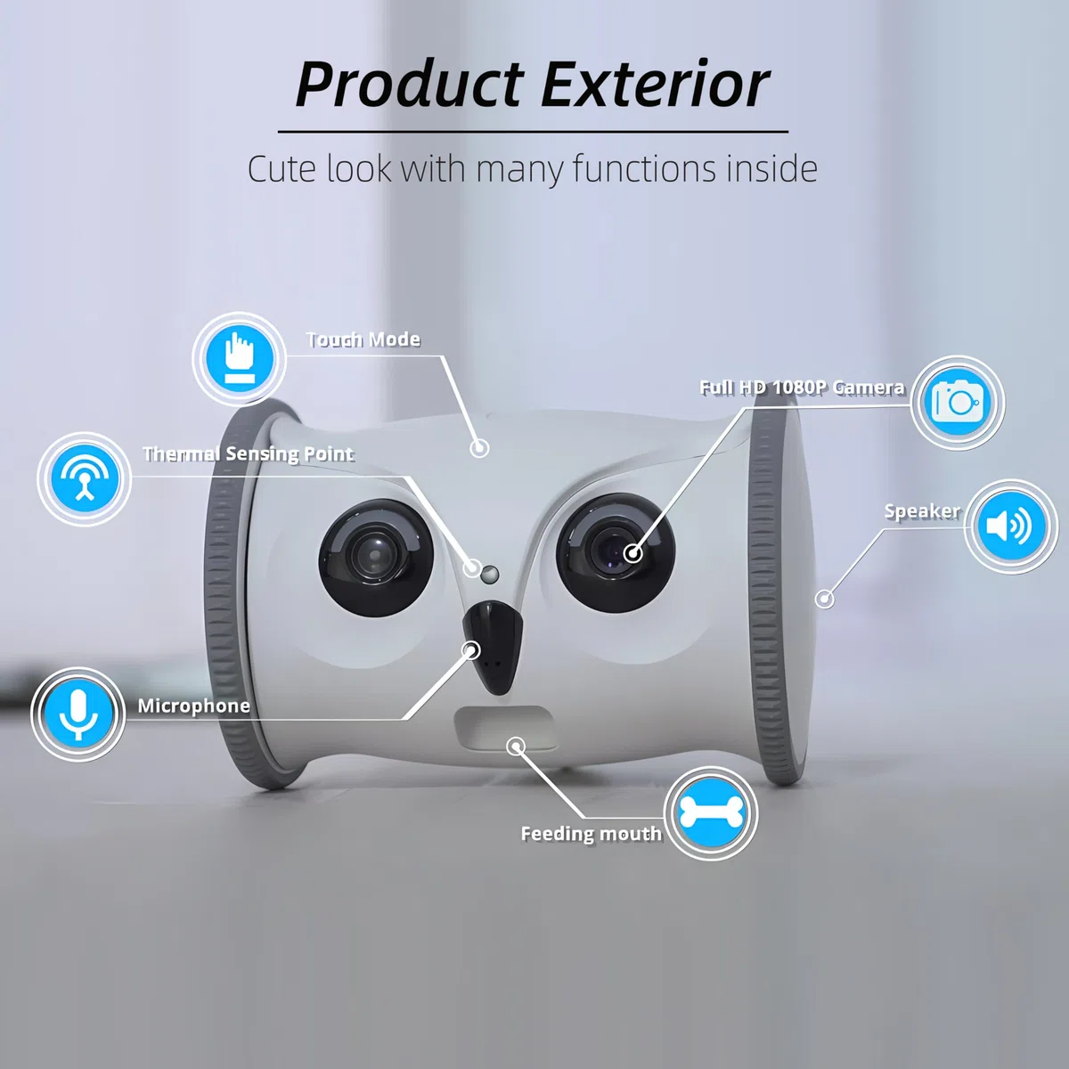 SKYMEE Owl Robot: fotocamera Full HD per animali domestici 1080P con distributore di caramelle, giocattolo interattivo per cani e gatti, monitoraggio mobile a casa completa tramite app, conversazione