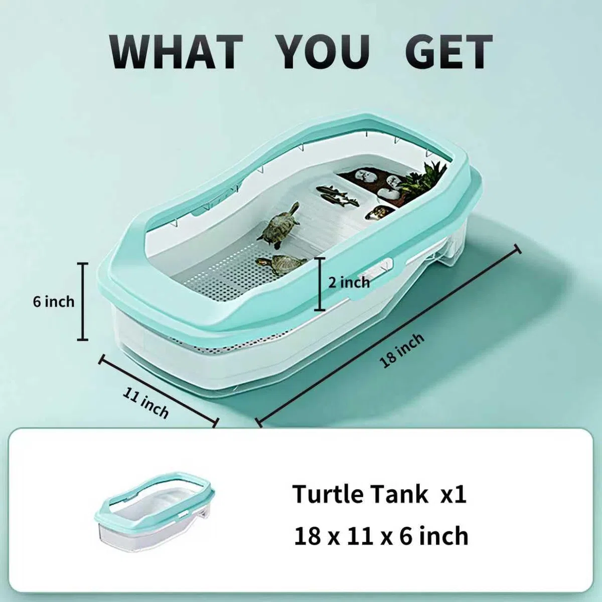 Acquario per Tartarughe KAKOOTI PC 18'' x 11'' x 6'', piccolo acquario per tartarughe giovani, design versatile per granchi, pesci, tartarughe (larghezza del guscio: 1-3 pollici)