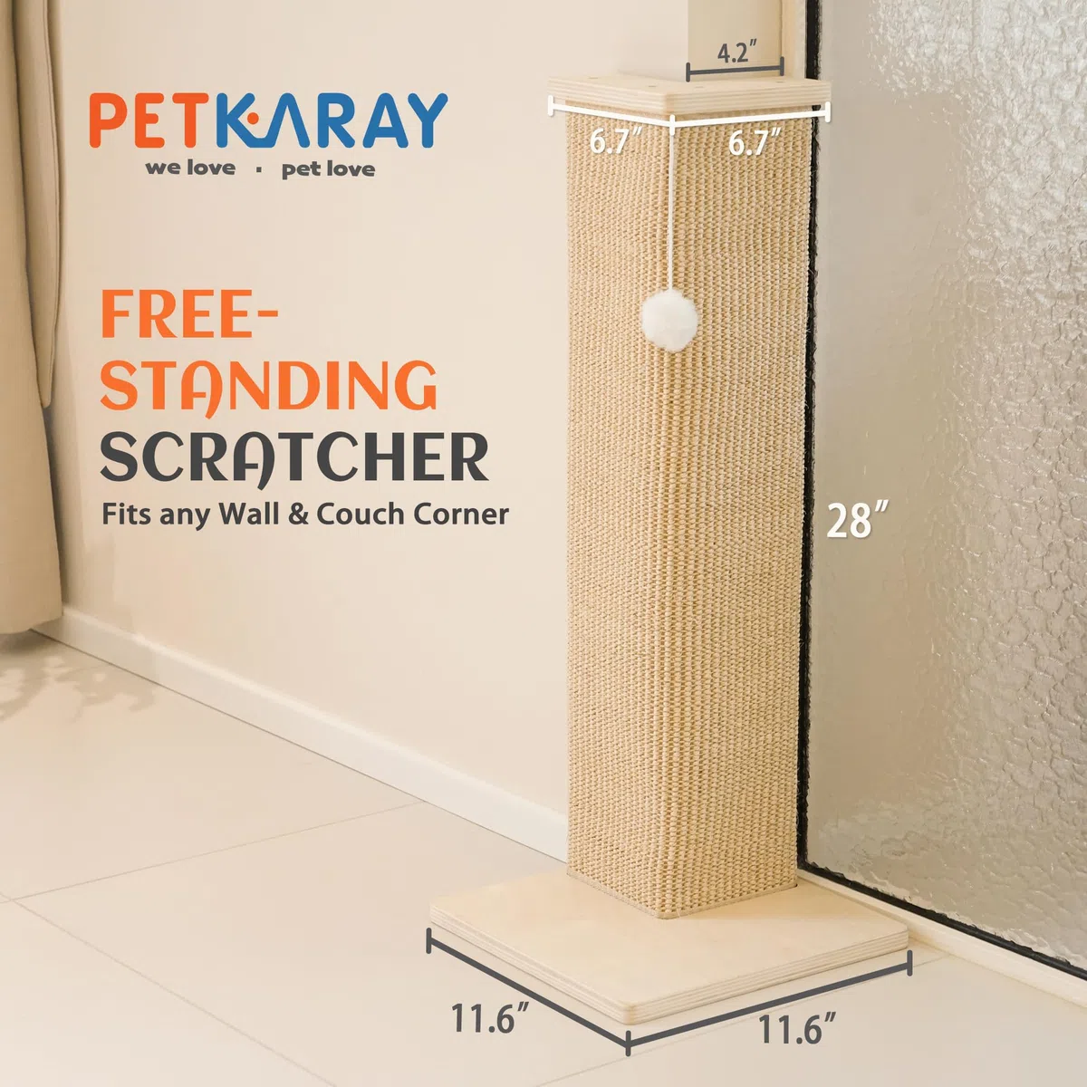 PETKARAY Tiragraffi angolare per gatti, altezza 71 cm, in sisal, per divano e parete, tappetino antigraffio in sisal, protezione per mobili con palla da gioco, misura grande