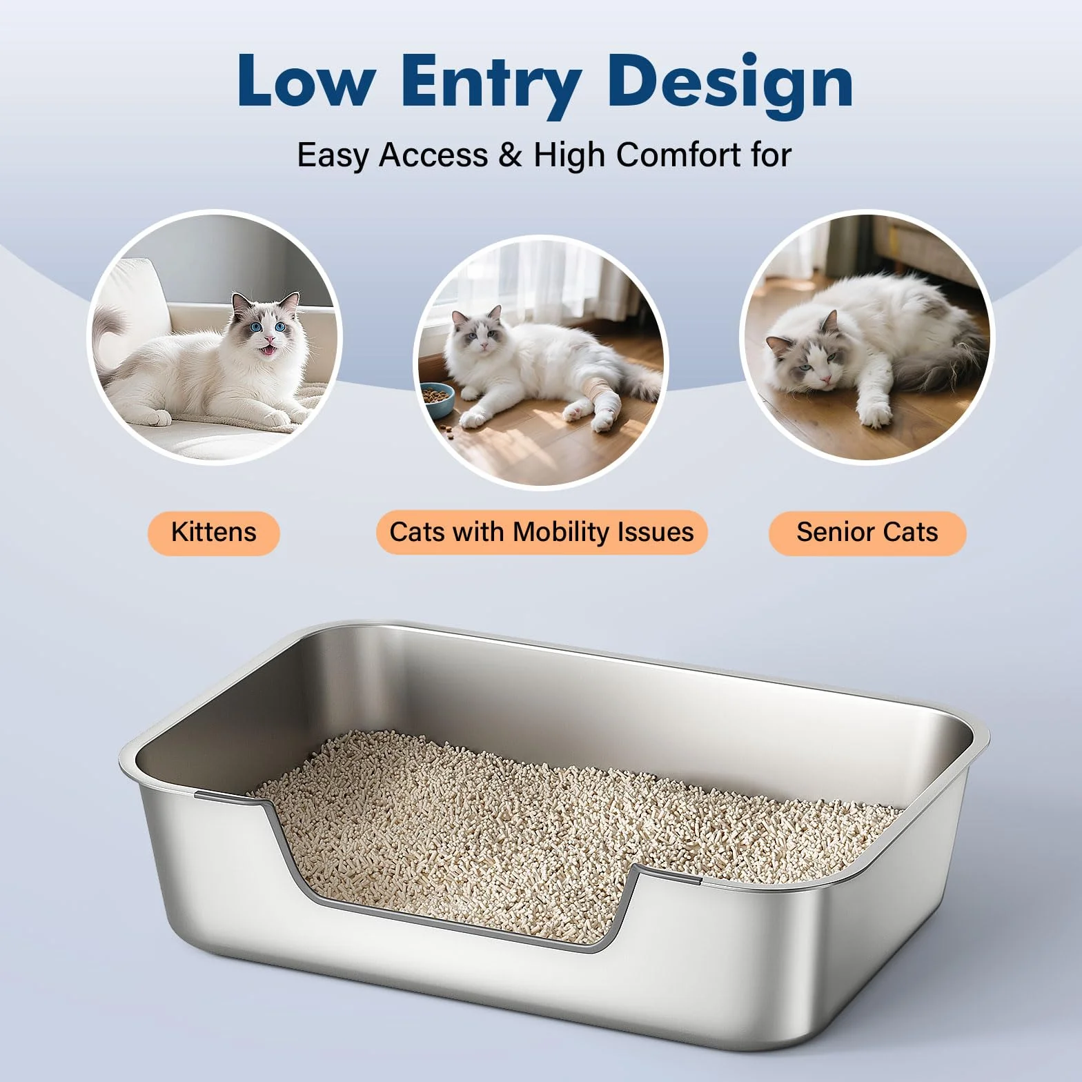 Lettiera Acciaio Inox per Gatti, Lettiera Gatto con Bordi Bassi, Toilette Aperta per Gatti Anziani o Feriti, Lettiere Grande per Gatto XXL, Facile da Pulire, Antiodore e Spaziosa, 45x35x15cm