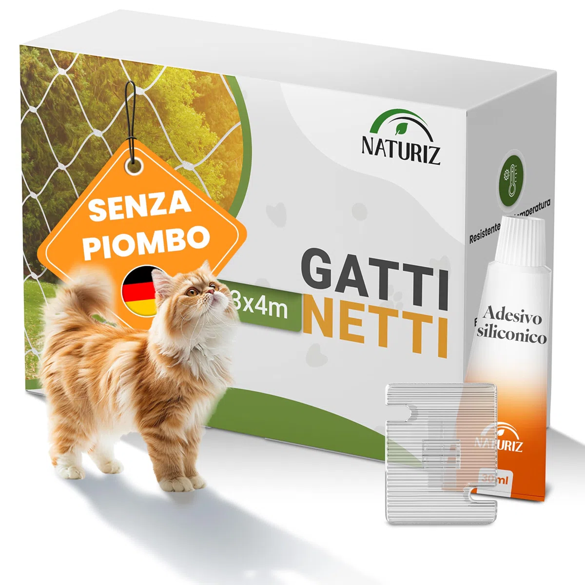 Naturiz® Rete per gatti per balcone senza fori inclusa con ganci adesivi e silicone – Rete di protezione per gatti per balcone e finestre, rete per gatti trasparente - Rete anti-piccioni, protezione