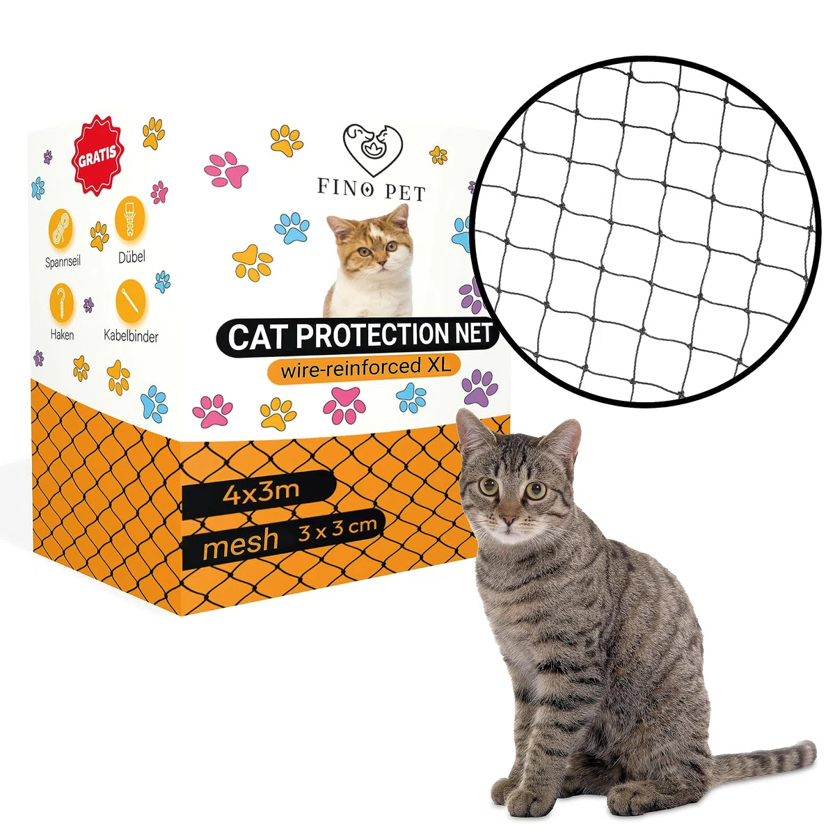 Rete per gatti per balcone, 4 x 3 m, rete da balcone rinforzata con filo per gatti, materiale di fissaggio, protezione sicura per gatti, balcone senza foratura, rete di sicurezza per gatti