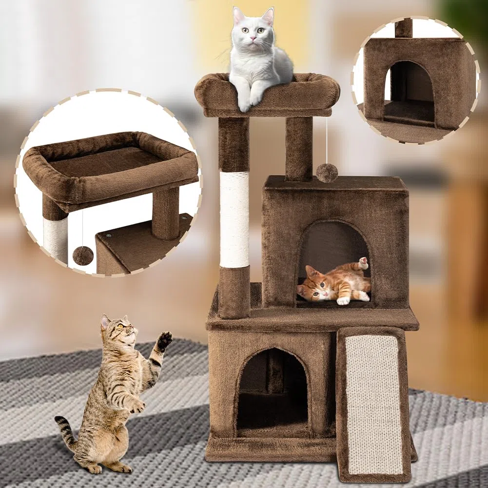BAKAJI Albero Tiragraffi per Gatto con 3 Cucce Rifugio e 1 Pallina, Graffiatoio Animali Domestici Imbottito e Morbido Gioco Giocattolo, Centro Attività Multilivello Rampicante Altezza 91.5cm (Marrone)