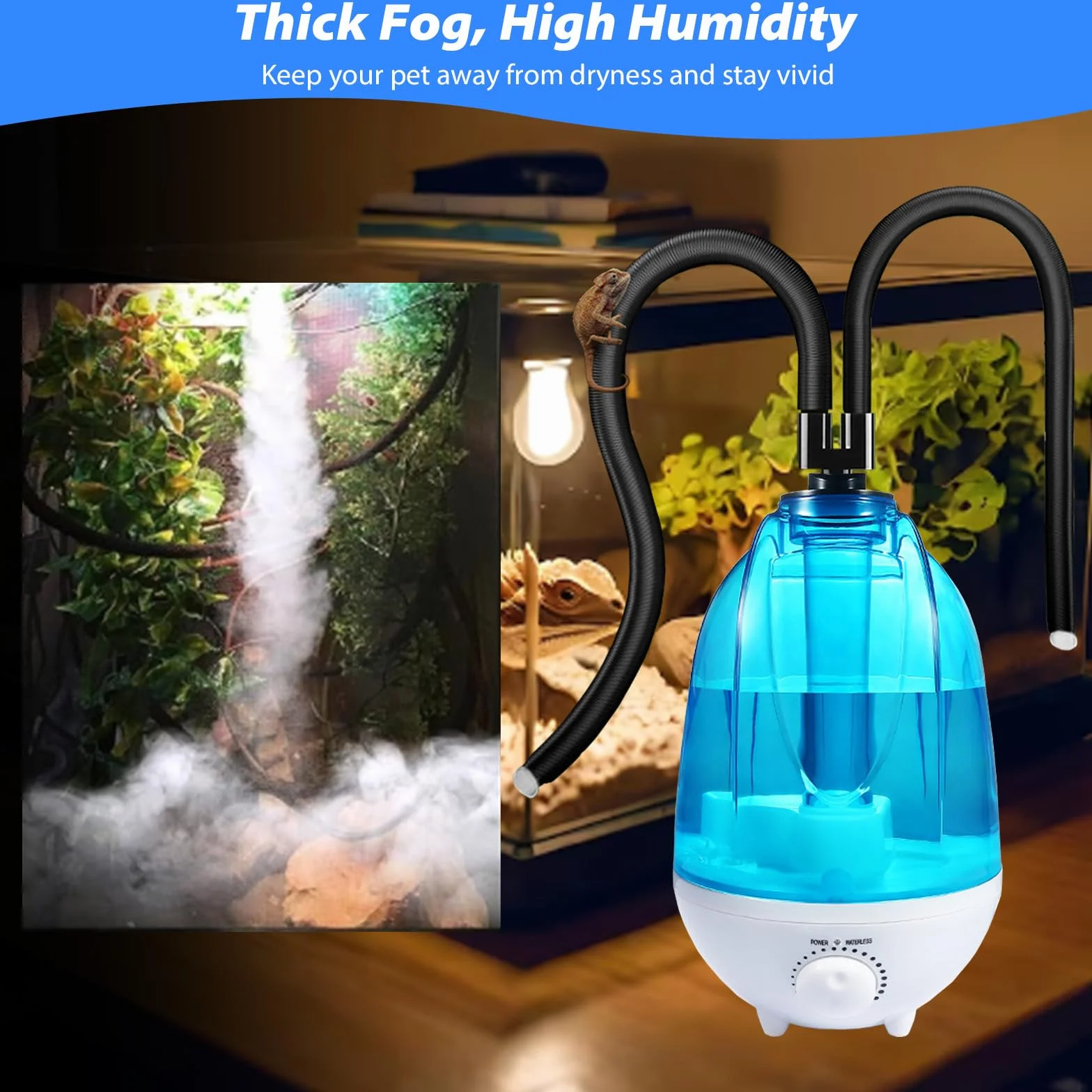 Reptilie Luftbefeuchter Terrarium, 4L Reptilien Luftbefeuchter 300mL/h Mit 7 Farben der Nachtlichtfunktion, Terrarium-Nebelgerät Mit verstellbarem Schlauch, Vaporizer Nebelmaschine mit Doppeldüse