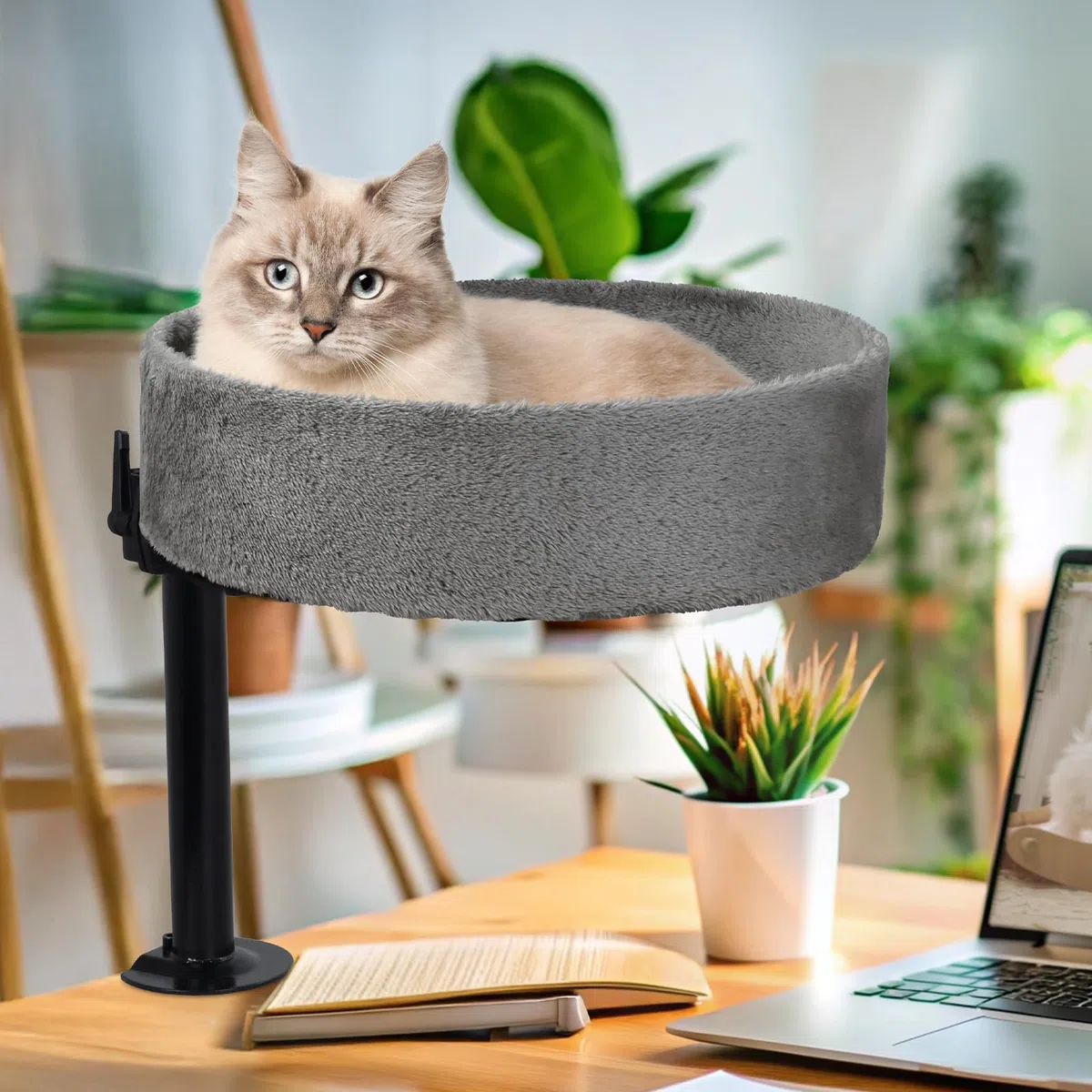 BSWAY Cuccia per gatti da scrivania – Nessuna perforazione rotazione a 360°, altezza regolabile, cuccia per gatti rialzata sopra la scrivania (Grigio scuro​, XL)