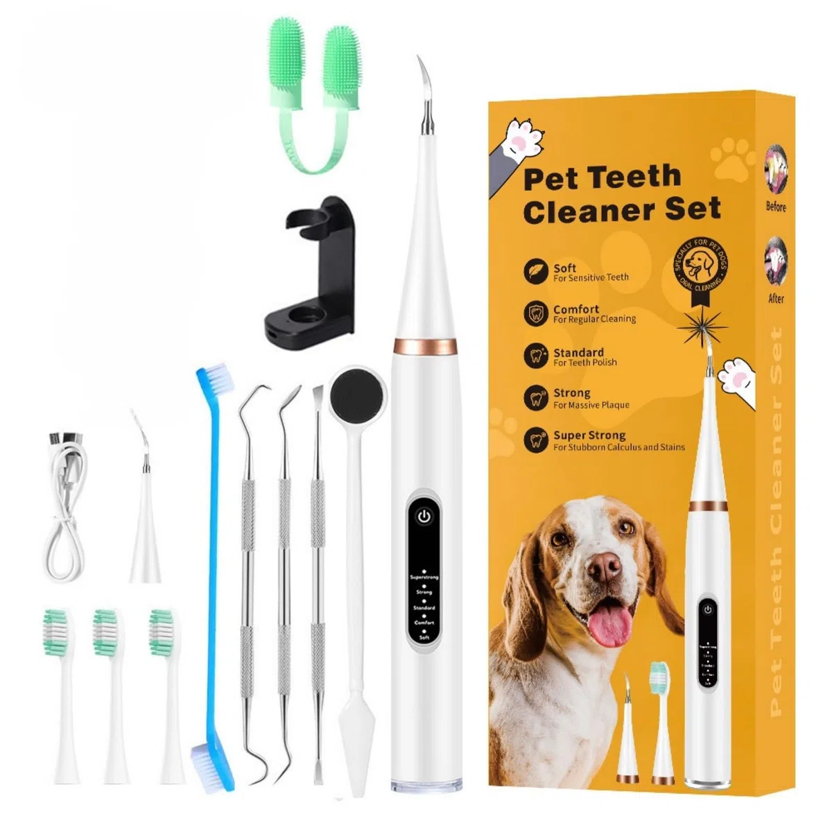 ZampaDent Dispositivo Professionale Per La Pulizia Dentale Del Cane-Kit Pulizia Denti Per Cani E Gatti, 5 Modalità Di Pulizia, Ricarica USB, Rimozione Tartaro E Macchie (Bianco,B)
