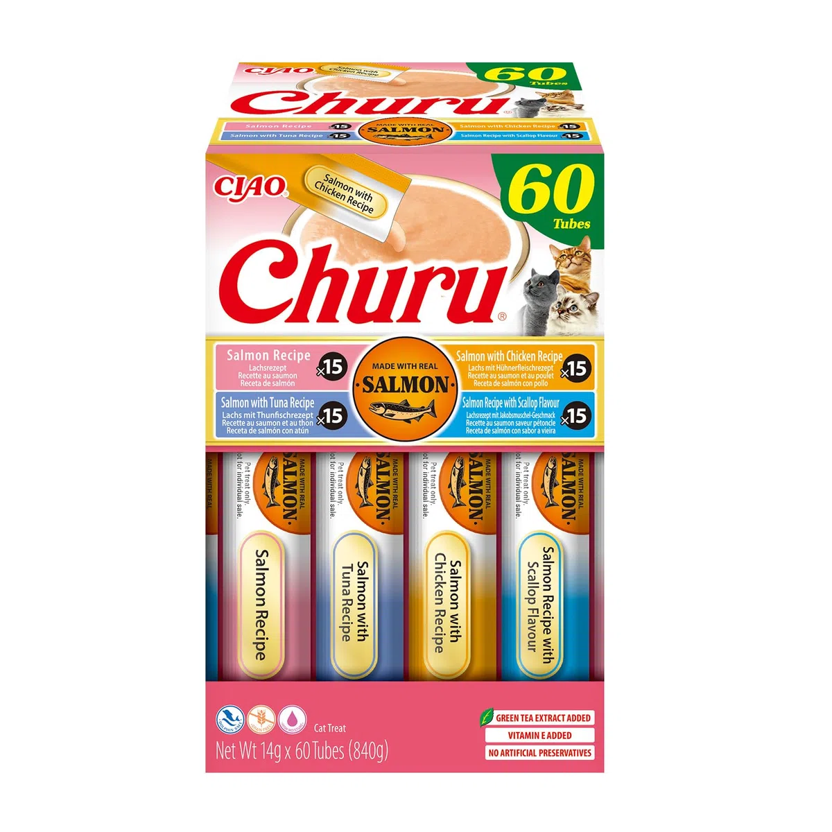 INABA Churu Salmon Variety Pack, Snack Cremosi per Gatti in Morbido Purè da Dare a Mano, Ricette con Salmone, Tonno, Pollo e Capesante, Ingredienti di Alta Qualità, Ricchi di Umidità, 60 stick da 14g