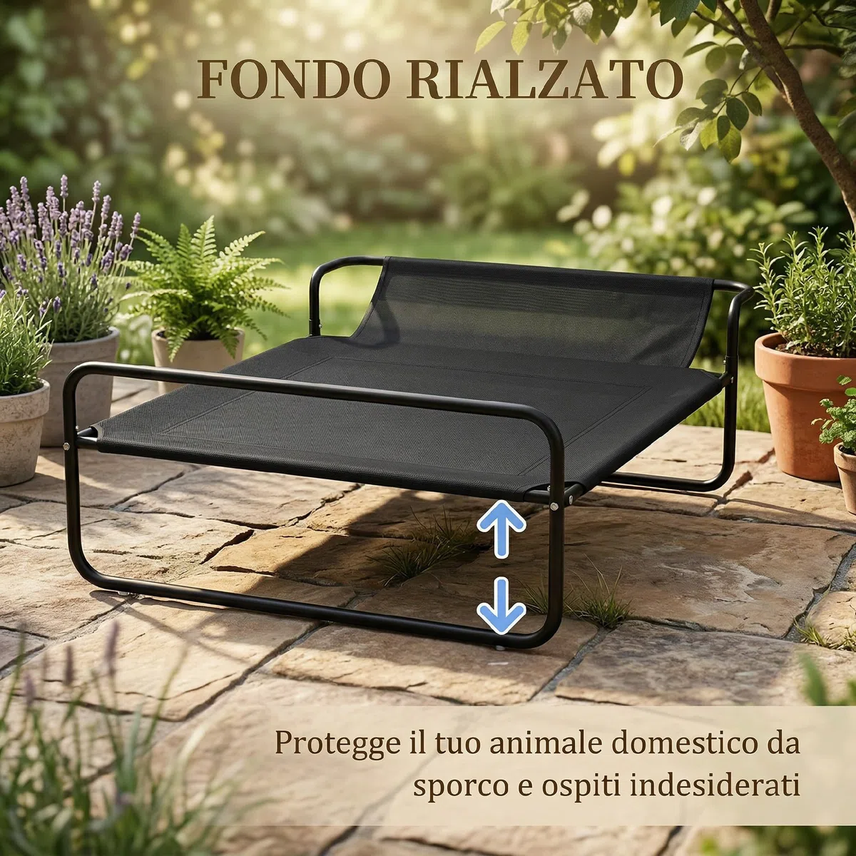 PawHut Lettino per Cani Rialzato, Letto da Campeggio per Cani e Gatti con Poggiatesta, Tessuto Traspirante Texteline, per Interno ed Esterno, 91x69x29 cm, Nero
