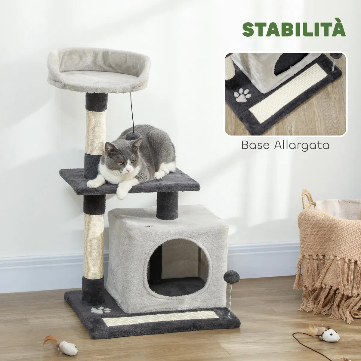 PawHut Albero Tiragraffi per Gatti Alto 85 cm, Torre per Gatti e Gattini con Casetta, Lettino Superiore, Pallina, Pali in Sisal e Tappetino Tiragraffi, Grigio Chiaro