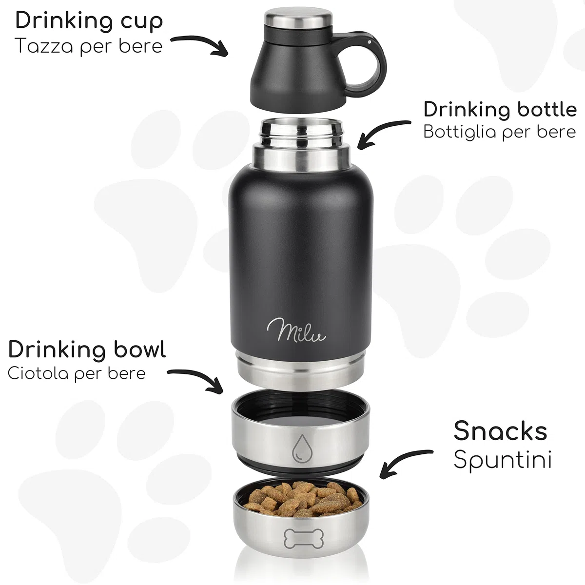 Milu Borraccia per cani da viaggio, 950 ml, con ciotola, isolata, in acciaio inox, per cani, con contenitore per cibo, ciotola, cane, escursionismo, viaggi, passeggiate