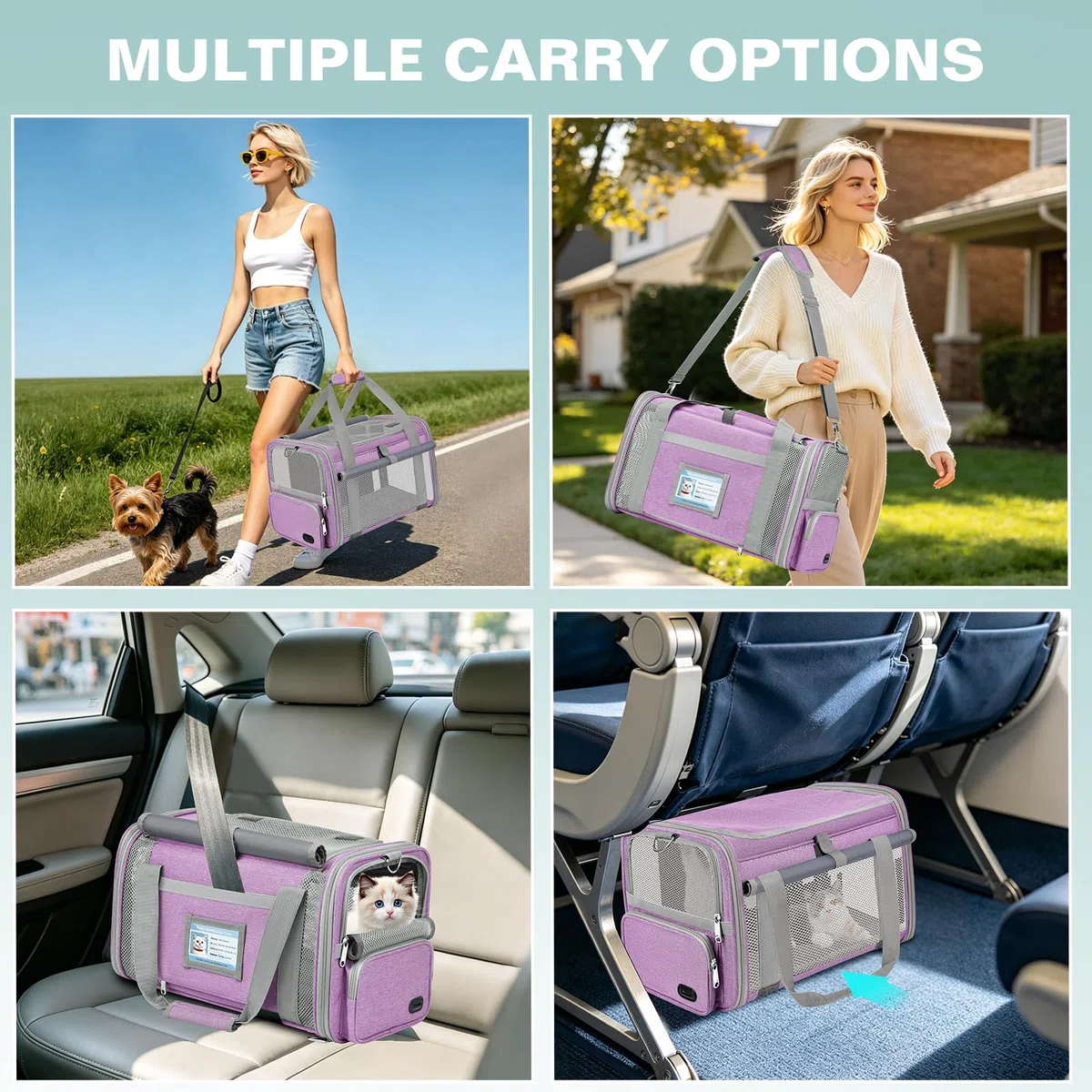 Trasportino Gatto Approvato Aereo Trasportino per Cani Pieghevole Borsa da Viaggio per Animali Domestici Portabile Borsa per Gatti con Tessuto Antigraffio e Cuscino Lavabile (Viola)