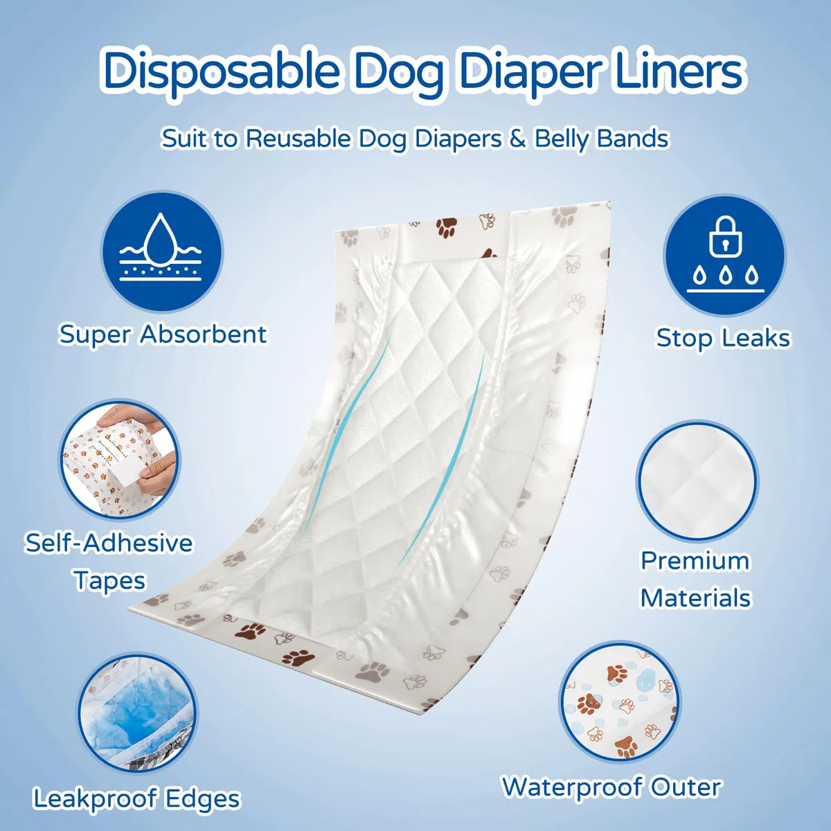 MICOOYO Fodere per pannolini usa e getta per cani, per cani maschi e femmine, super assorbenti, si adattano alla maggior parte dei pannolini per cani (protezione laterale a prova di perdite, M-100)