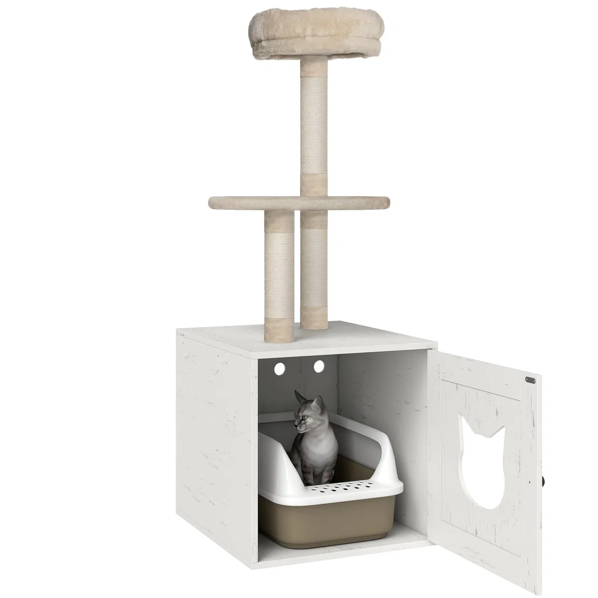 PawHut Tiragraffi per Gatti con casa di Servizi igienici, Torre di Gioco 2 in 1, Cuccia per Gatti da 129 cm con coprilettiera, Pali da graffiare, Piattaforma, Letto, Crema