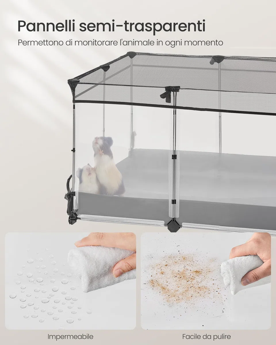SONGMICS Parco recinto, recinto per piccoli animali, pannelli semi-trasparenti, tela traspirante, tappeto impermeabile, per coniglio, riccio, porcellino d'India, Furetto, 144 x 74 x 47 cm, bianco