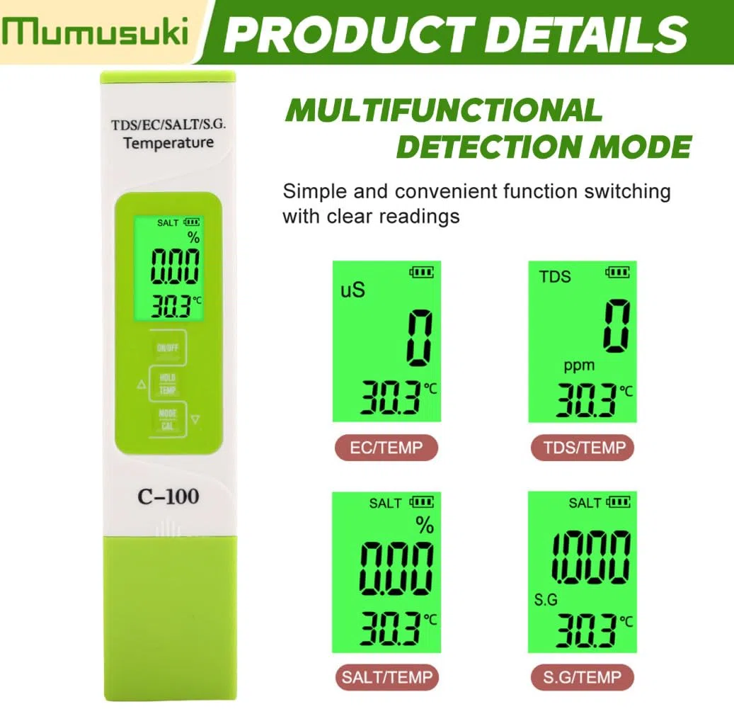 C-100 5 in 1 Salinità TDS EC Tester dell'Acqua di Mare, Tester della qualità dell'Acqua, con Retroilluminazione, per Acqua Potabile, Piscina, Acquario, di Osmosi