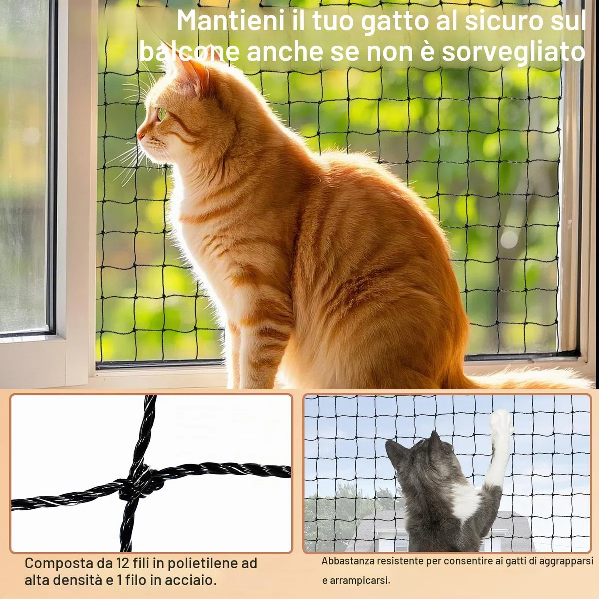 Holilo Rete per Gatti, 8x3m Rete Gatti Balcone Rinforzata con Filo Metallico, Rete per Gatti Balcone Resistente alle Intemperie e ai Raggi UV, Adatta per Balconi, Finestre, lucernari