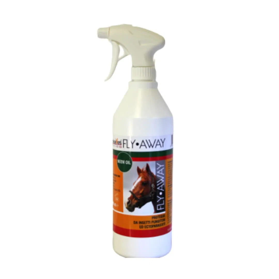 FLY AWAY Eurekavet Antiparassitario 100% Naturale per Cavalli con Olio di Neem - Efficacie Contro: Mosche, Tafani, Flebotomi, Zanzare, Pulci, Zecche, Acari - Formula Potenziata (Flacone da 1 litro)
