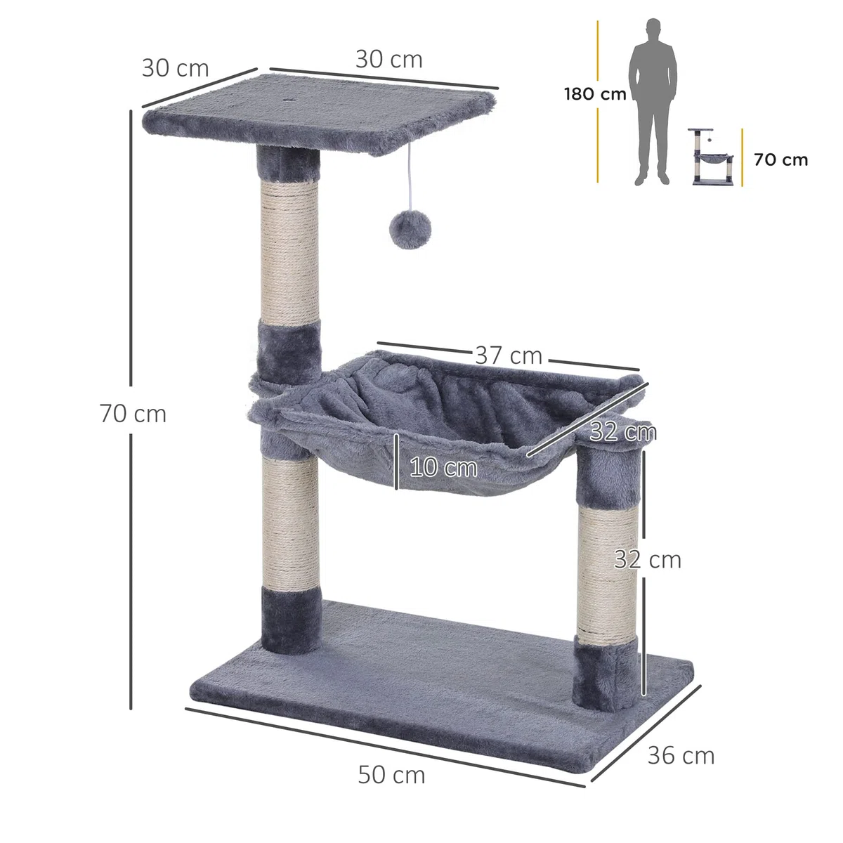 PawHut Albero Tiragraffi per Gatti Multilivello, Gioco per Gatti con Amaca e Pallina Appesa in Legno e Peluche, 50x36x70cm, Grigio