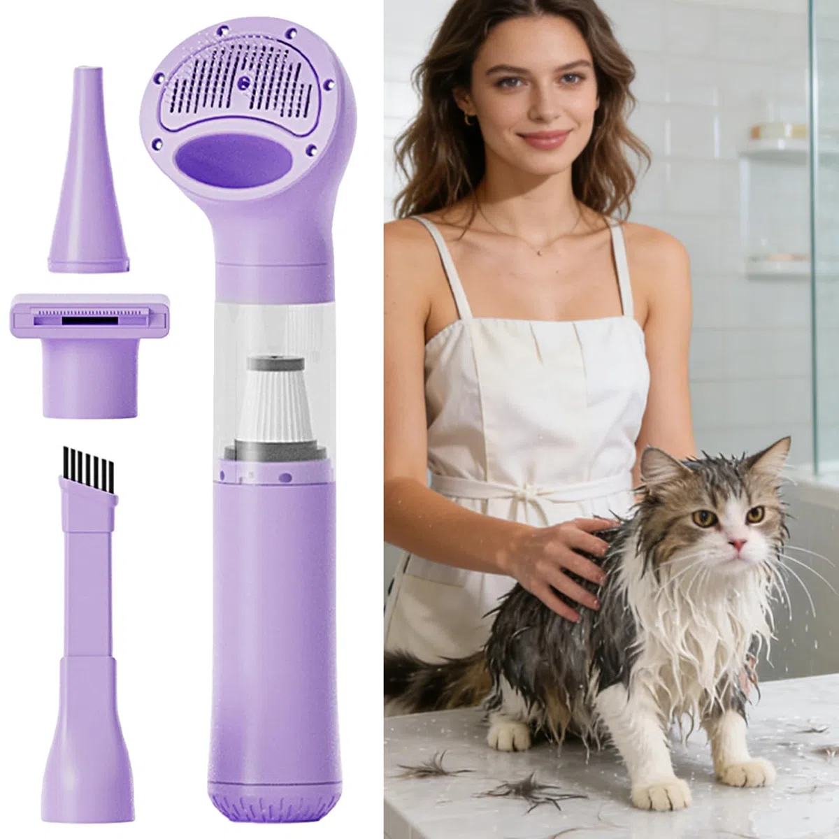 Aspirapolvere per Pelo di Cane per Toelettatura | Multi-Ugelli Senza Fili Portatile Aspirapeli | Spazzola Aspirante per Cani - per Pulizia Cucina Auto Camper e Ambienti Domestici