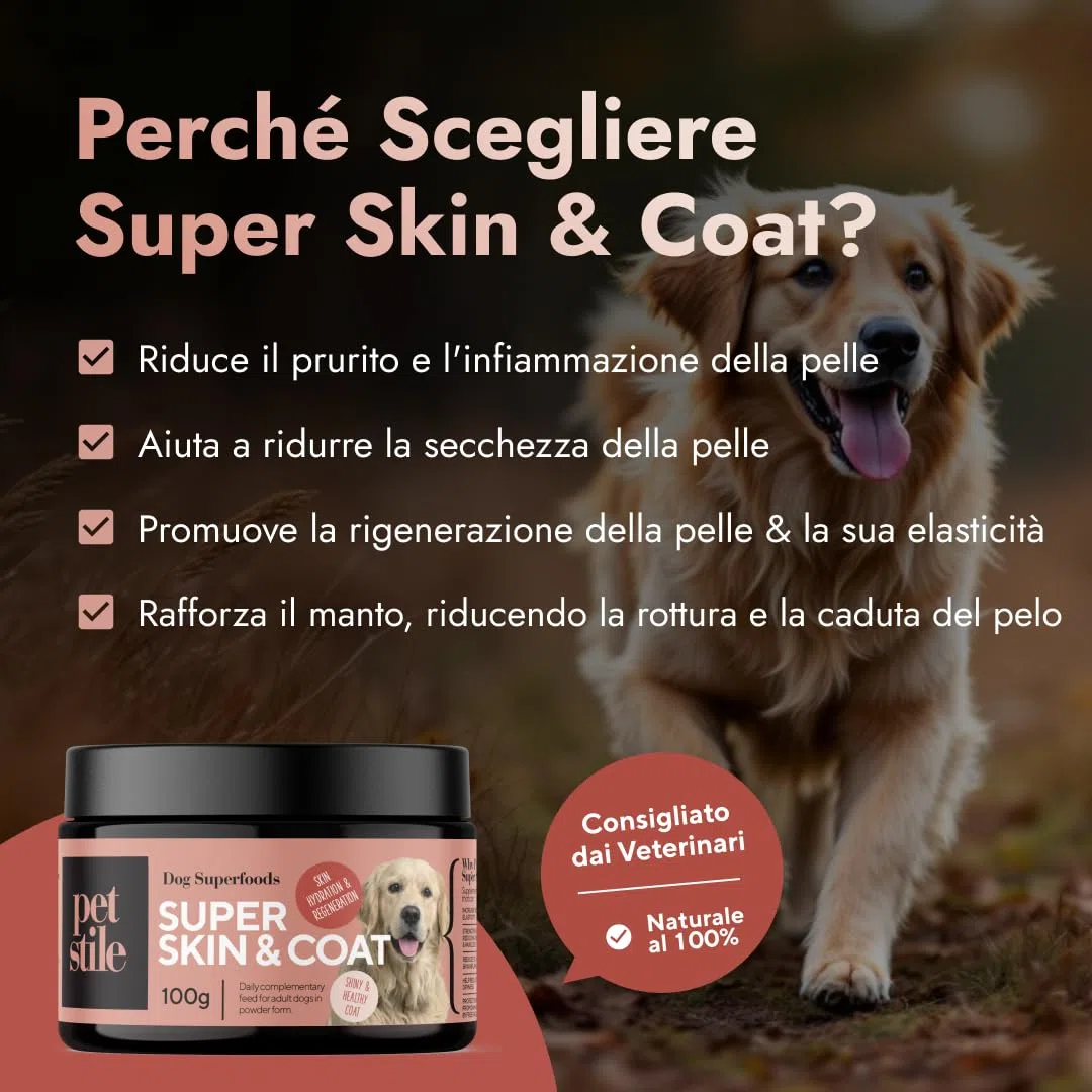 Super Skin & Coat – Integratore naturale per cani con collagene, semi di lino e olio di pesce per pelle elastica, pelo sano e riduzione delle infiammazioni (1x 100 g)