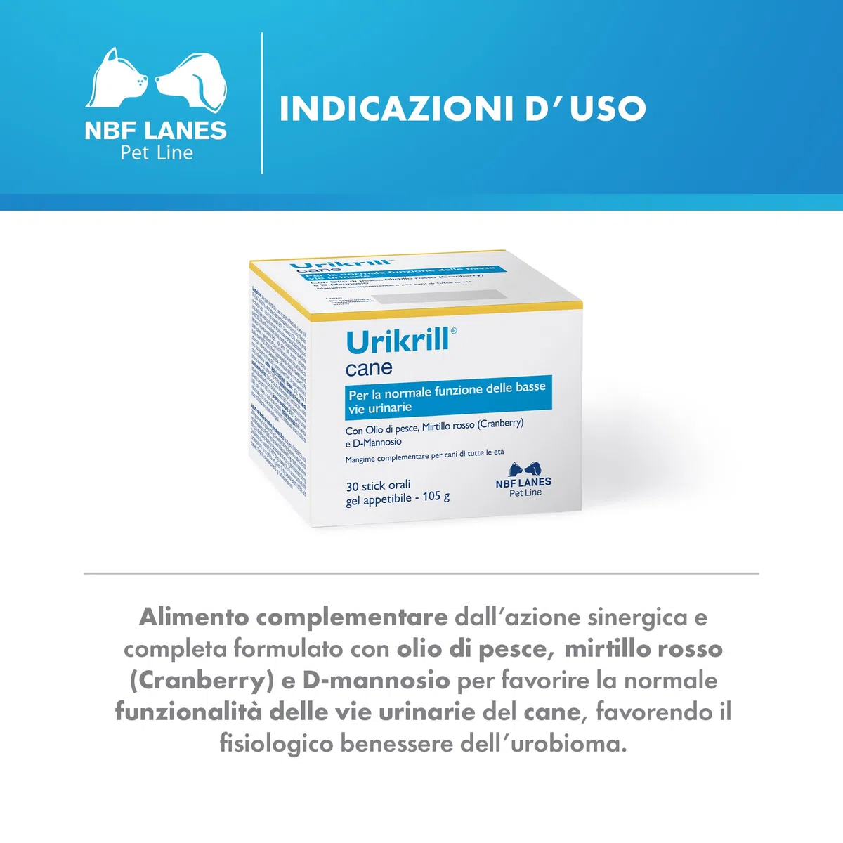 NBF Lanes | Urikrill Cane, Gel Appetibile 30 bustine, per la Normale Funzione delle Basse Vie Urinarie del Cane