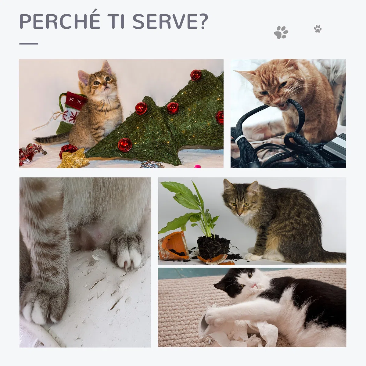 PawHut Albero Tiragraffi per Gatti Multilivello, Gioco per Gatti con Amaca e Pallina Appesa in Legno e Peluche, 50x36x70cm, Grigio