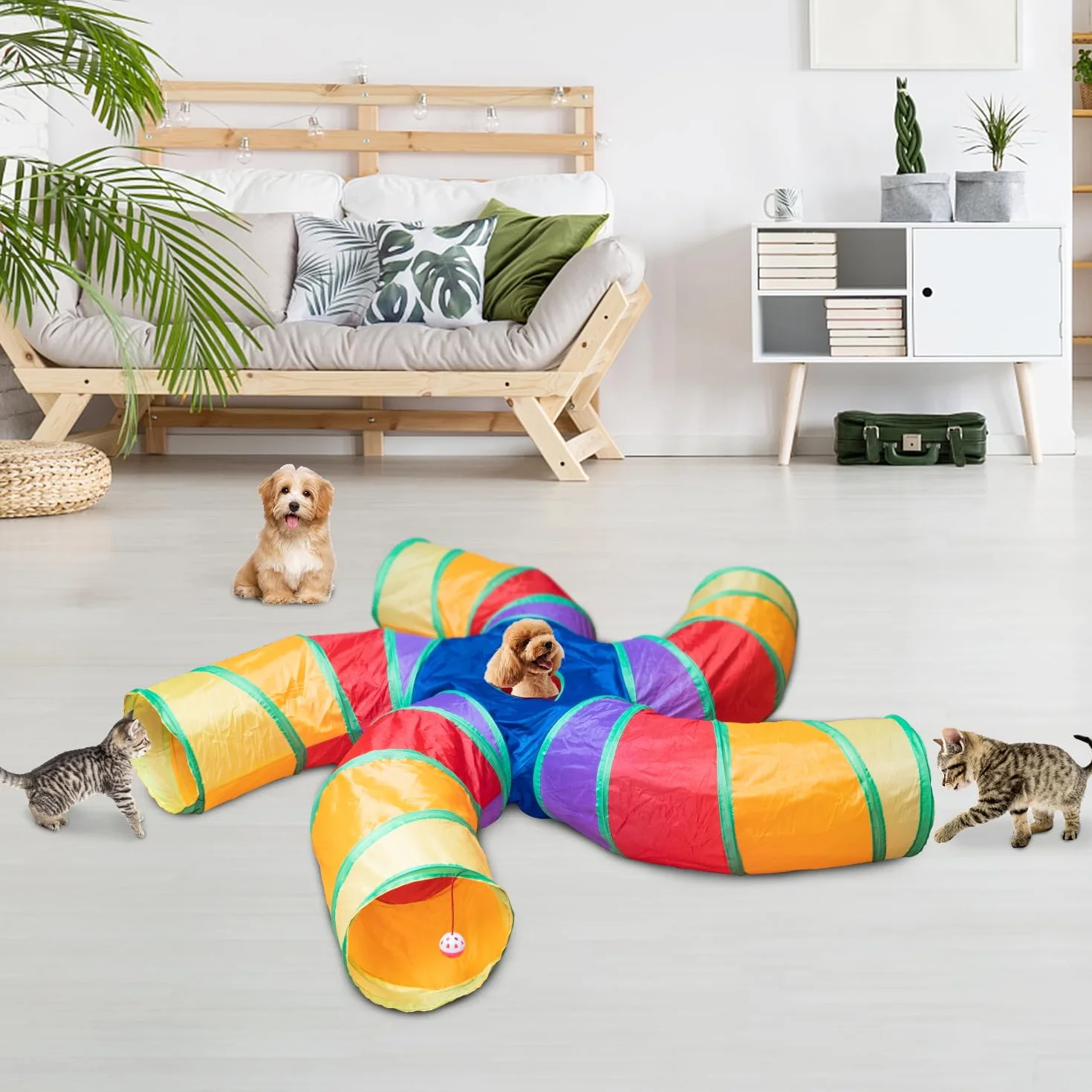Depets Tunnel per gatti da interni, tunnel per gatti a 5 vie, grande tunnel e tubo con palla da gioco, tubo piegato a forma di S con spioncino interattivo, ideale per esercizi indoor per gattini