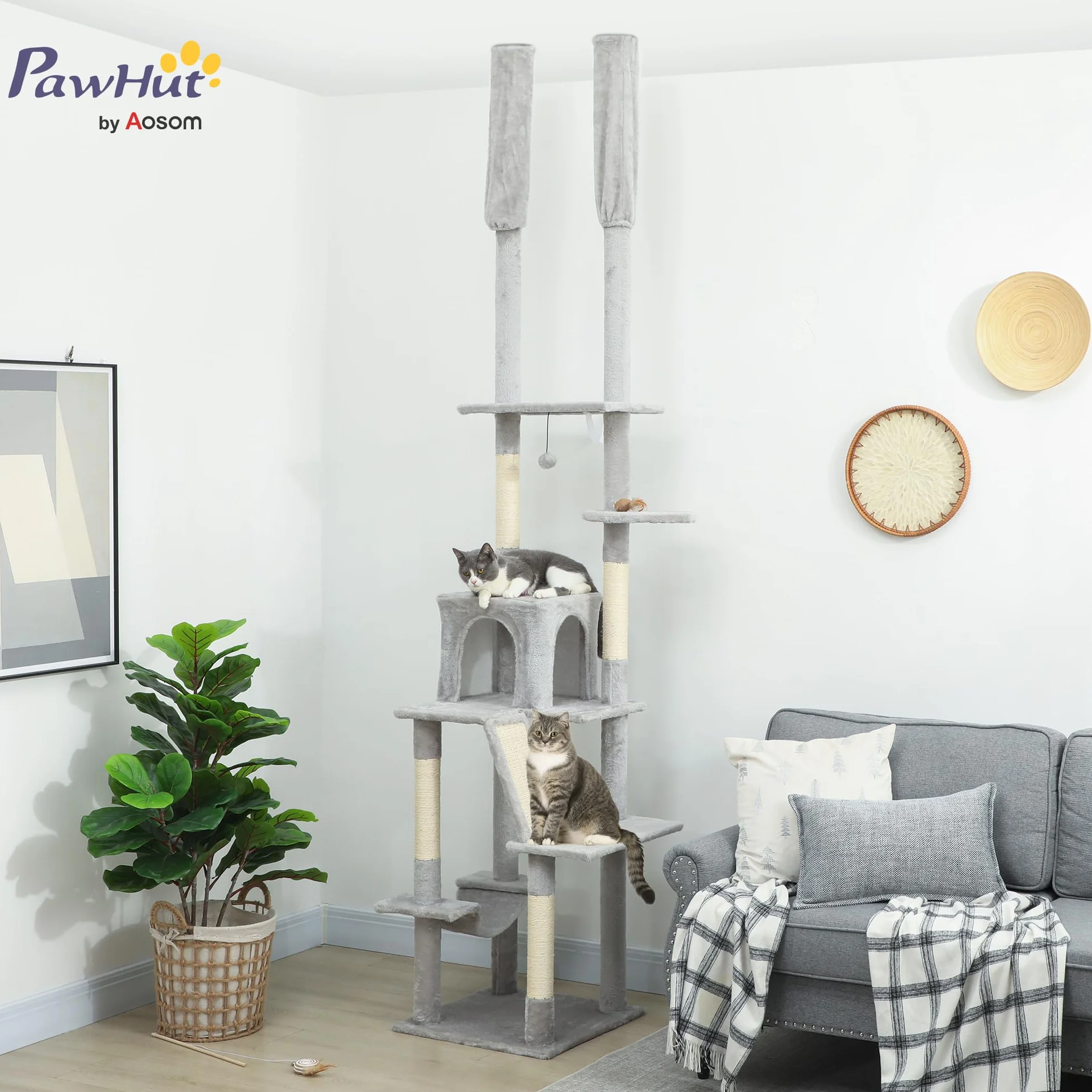PawHut Albero Tiragraffi per Gatti Adulti a Soffitto con Altezza Regolabile 225-255 cm, Torre per Gatti Multilivello con Piattaforme, Casetta, Amaca, Palline e Pali in Sisal per Interno, Grigio Chiaro