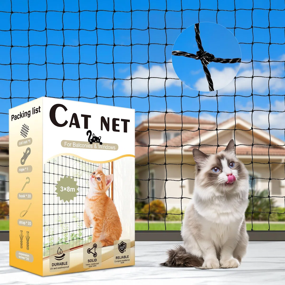 Holilo Rete per Gatti, 8x3m Rete Gatti Balcone Rinforzata con Filo Metallico, Rete per Gatti Balcone Resistente alle Intemperie e ai Raggi UV, Adatta per Balconi, Finestre, lucernari