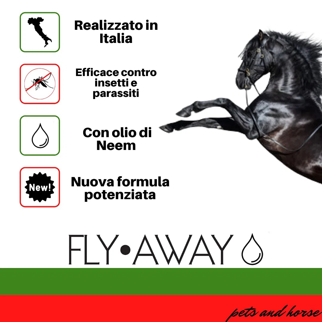 FLY AWAY Eurekavet Antiparassitario 100% Naturale per Cavalli con Olio di Neem - Efficacie Contro: Mosche, Tafani, Flebotomi, Zanzare, Pulci, Zecche, Acari - Formula Potenziata (Flacone da 1 litro)