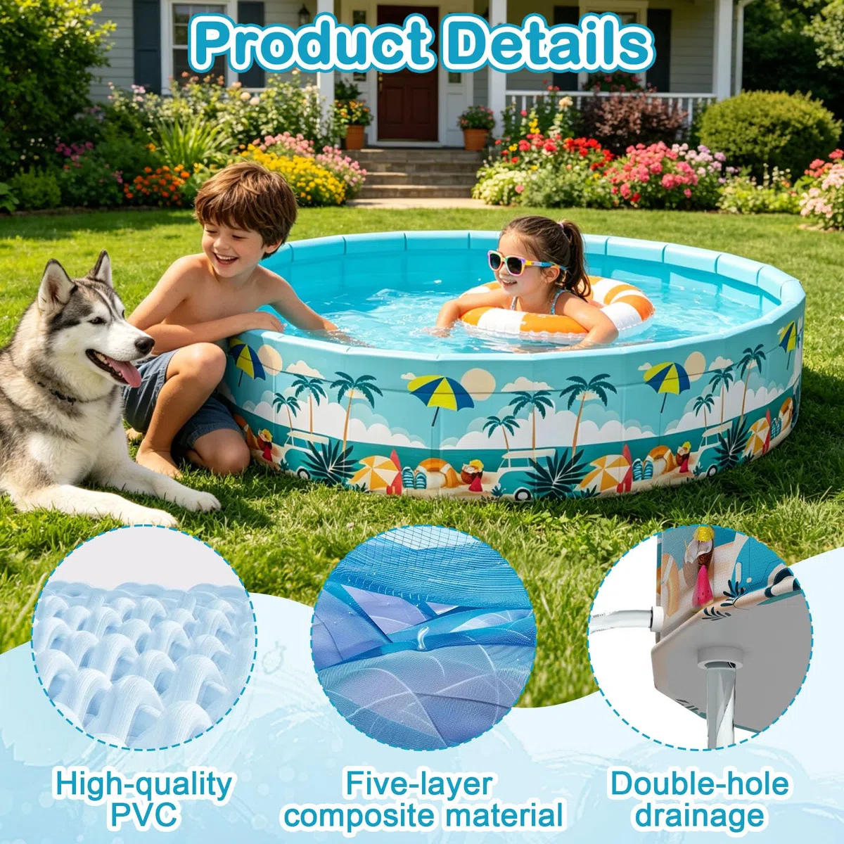 Piscina Pieghevole, 90x90x45CM,Vasca in PVC Resistente, Fondo Antiscivolo, Non Necessita di Gonfiaggio, Drenaggio Rapido, Adatto per Giardini, Camere da Letto e Terrazze