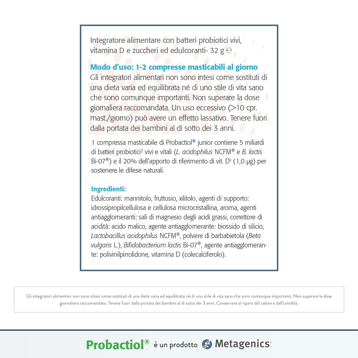 Metagenics Probactiol Junior - Equilibrio della Flora Intestinale - Sostiene l’Immunità - 60 Compresse Masticabili