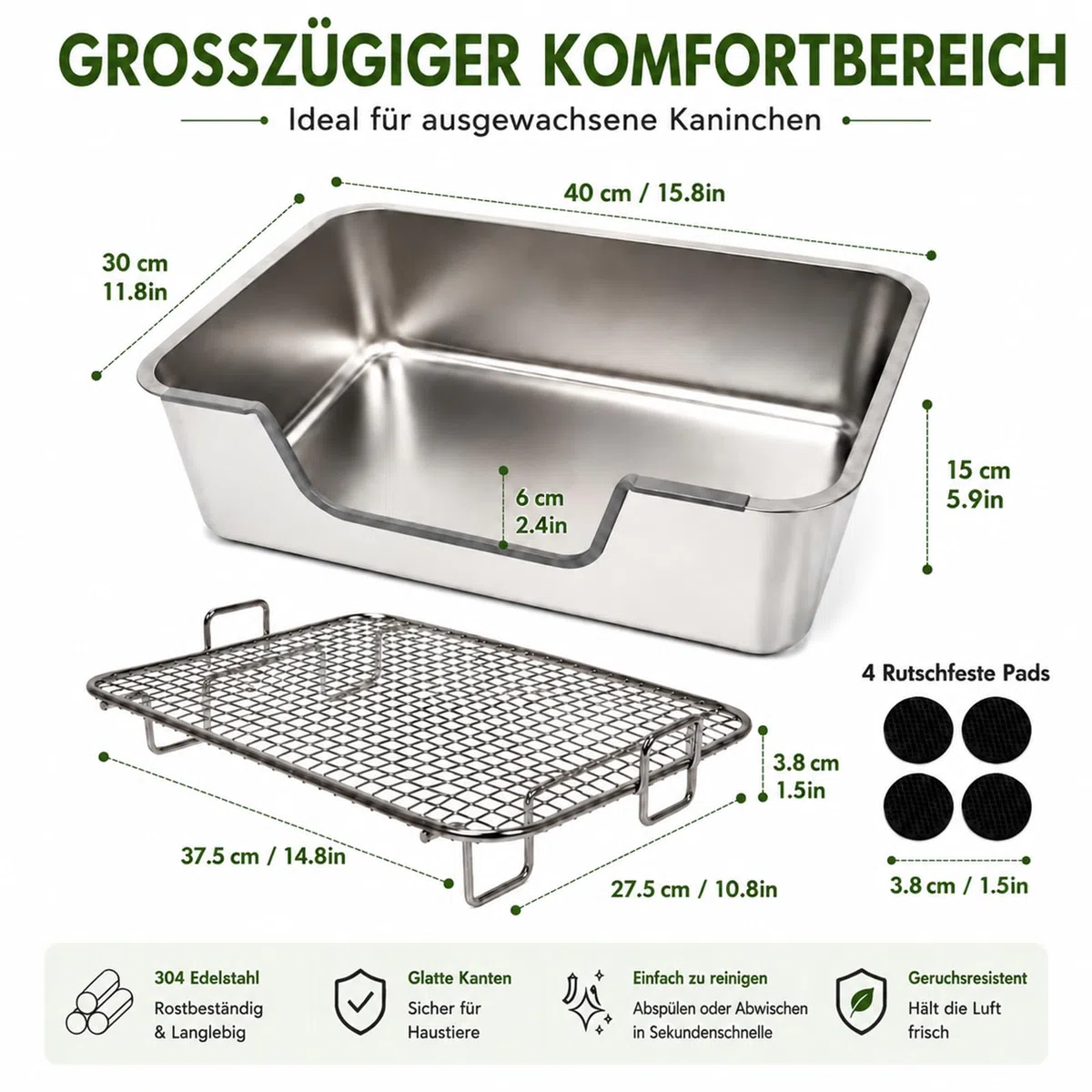 HYLYUN Lettiera per conigli in acciaio inox, grande (40 x 30 x 15 cm), toilette per roditori con griglia di protezione e piedini antiscivolo, resistente all'urina, estremamente igienica, ideale per 1