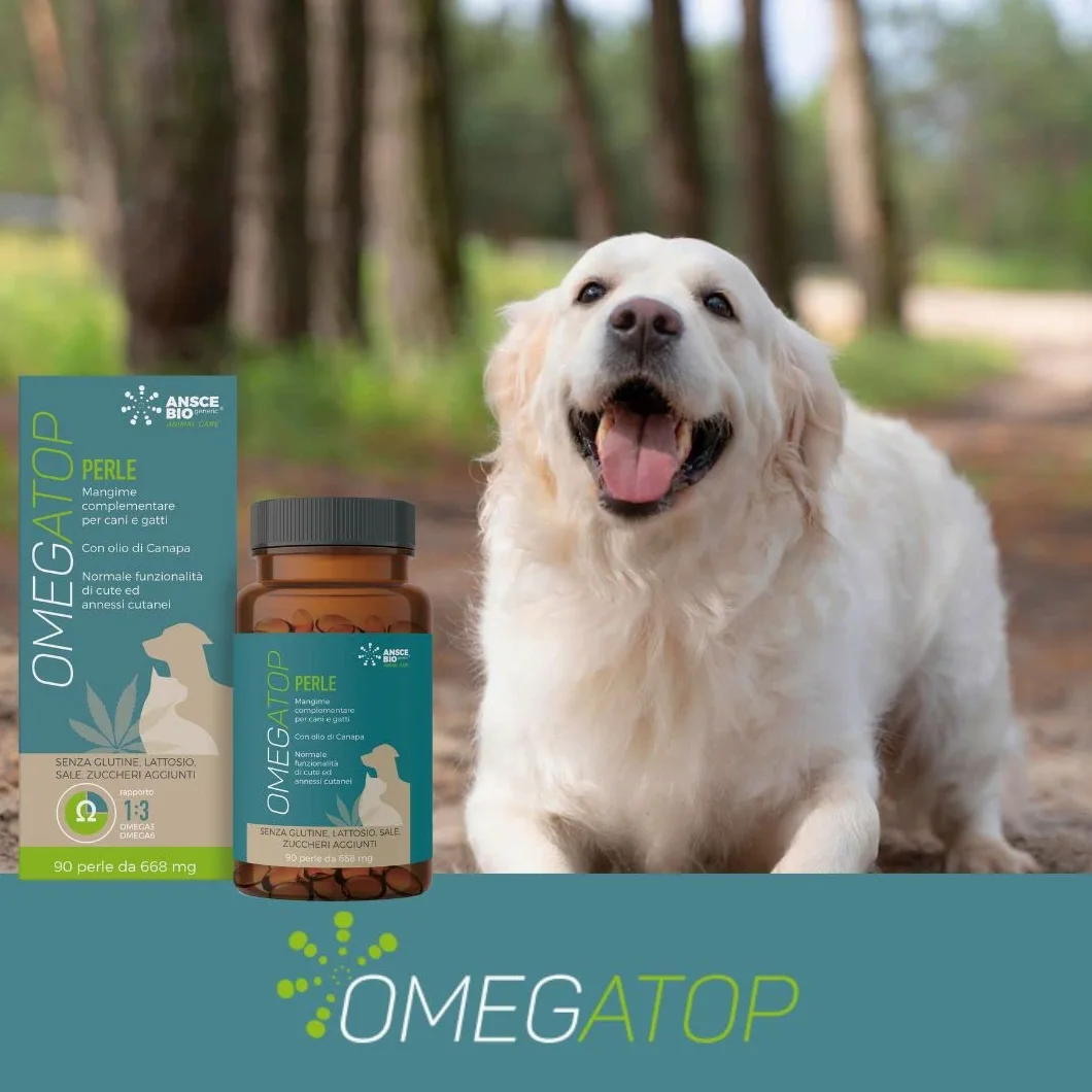 OMEGATOP Mangime Complementare Cani Omega 3-6 Prurito Allergie 90 Perle | Integratore vitamine per irritazioni cutanee, salute di pelo e mantello. senza glutine ad alta efficacia, anche per gatti